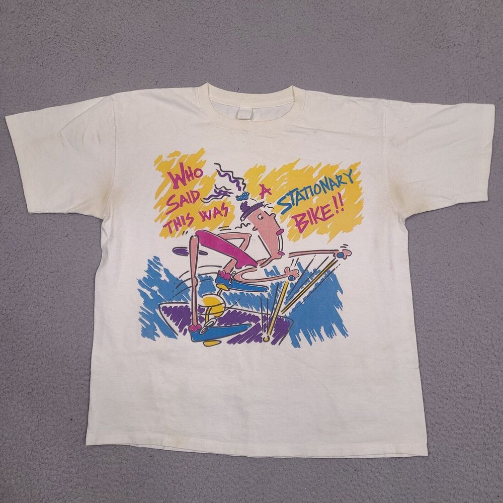 Vintage Workout Humor T-Shirt Stationary Bike‎ L/XL Womens Single Stitch Sleeve